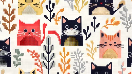 Fotobehang Cute Cat Cross Stitch Wallpaper © TY