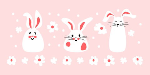 Set of cute white rabbits with flowers. Easter bunnies for printing on kids products, stickers and banners on a pink background. Cartoon isolated Vector illustration.