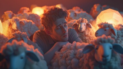 Cartoonish 3D render of a man with insomnia, whimsically counting animated sheep, each with a unique expression - obrazy, fototapety, plakaty