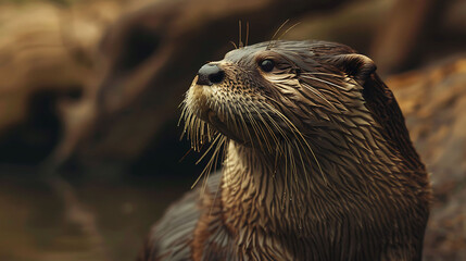 closeup of an Otter sitting calmly, hyperrealistic animal photography, copy space