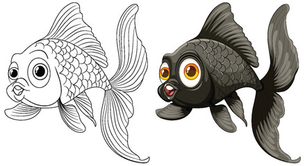Vector illustration of a goldfish, black and white to color - 780328337