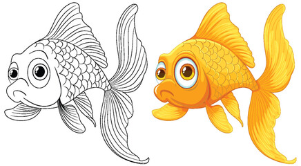 Comparison of a goldfish sketch and a colored illustration - 780328344
