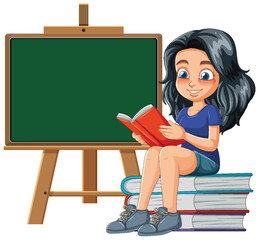 Cartoon girl reading beside a chalkboard and books - 780328516