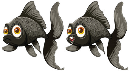 Two animated black goldfish with expressive eyes - 780328517