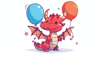 Cute and kawaii baby dragon holding balloons on white