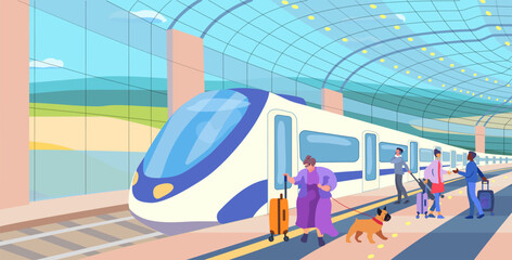Railway. Metro station. Passenger carriages on a platform with people. Inclusion human. Travel of a big woman with a dog and luggage. Meeting. Vector illustration © vladaray
