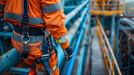 Fototapeta na wymiar Man in Orange Safety Suit on Ladder. Generative AI