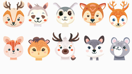 Cute animal face collection set flat vector 