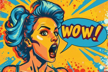 A pop art illustration of a woman with a chat text dialog bubble screaming and shouting WOW! in the style of print halftone, AI Generated