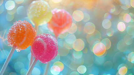 Colorful lollipops on a blurred background with bokeh lights