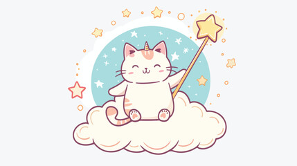 Obraz na płótnie Canvas Cute cartoon cat fairy with magic wand sitting 