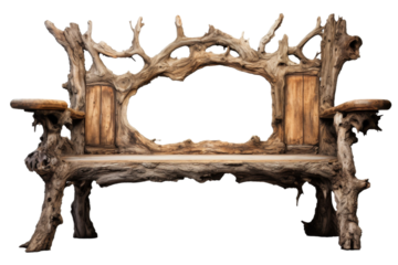 Rustic Bench Constructed From Branches and Logs. On a White or Clear Surface PNG Transparent Background.