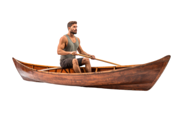 Man Sitting in Canoe With Paddle. On a White or Clear Surface PNG Transparent Background.