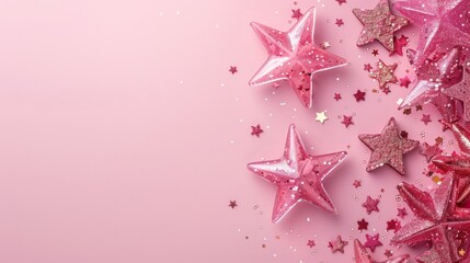 Festive pink stars and confetti on a light pink background