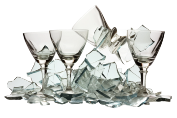 Wine Glasses on Top of Pile of Broken Glass. On a White or Clear Surface PNG Transparent Background.