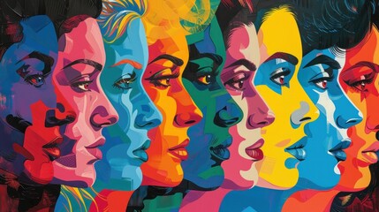 Naklejka premium A dynamic array of female profiles in a rainbow of colors, rendered in a pop art style, conveying diversity and vibrant personalities.