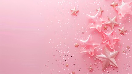 Festive pink background with shiny stars and sparkling confetti