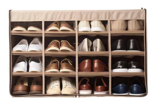 Wooden Shoe Rack Overflowing With Various Shoes. On a White or Clear Surface PNG Transparent Background.