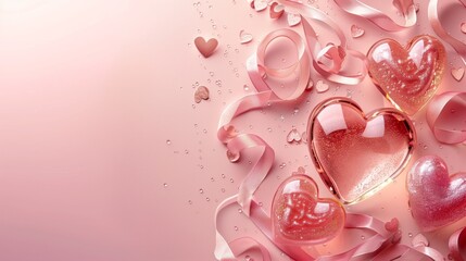 Assortment of shiny heart shapes with satin ribbons on a pink backdrop