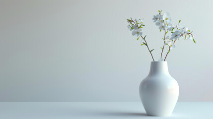 A simple and elegant image of a white vase sitting on a white table against a white background. The vase is filled with delicate white flowers. - obrazy, fototapety, plakaty