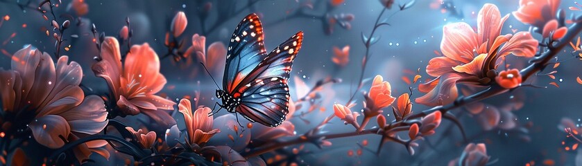 Exotic butterfly and floral tapestry, splendid design, vivid colors, soft glow, detailed texture , 8K , high-resolution, ultra HD,up32K HD - obrazy, fototapety, plakaty