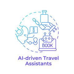 Fototapeta premium AI-driven travel assistants blue gradient concept icon. Virtual assistance. Technology integration in travelling. Round shape line illustration. Abstract idea. Graphic design. Easy to use in blog post