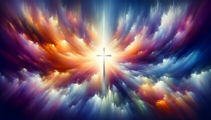 a luminous cross centered in a vivid display of light and clouds, with radiant beams emanating from the center - obrazy, fototapety, plakaty