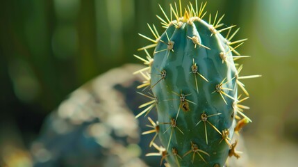 A beautiful closeup of a cactus in the desert. The cactus is green and has long, sharp spines. The background is blurry and green.