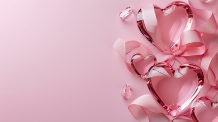 Assortment of pink crystal hearts with matching ribbons on light pink background