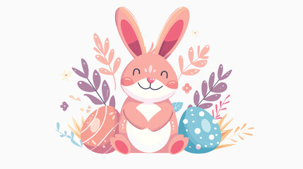 Cartoon bunny with easter eggs flat vector isolated on