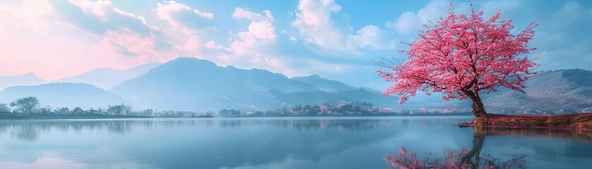 Serene lake with a blooming cherry tree, soft light, vibrant blossoms, detailed scenic view, broad angle , 8K , high-resolution, ultra HD,up32K HD