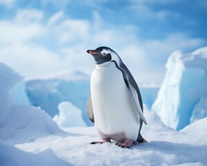 Penguin posing with flipper up, snow backdrop, clear detail, professional color grading,soft shadowns, no contrast, clean sharp,clean sharp focus, digital photography