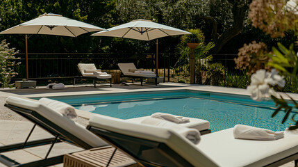 Deck chairs by the swimming pool in a beautiful summer resort. Comfortable sunbeds in an exotic luxury hotel. Tropical travel mood, summer vacation background concept.