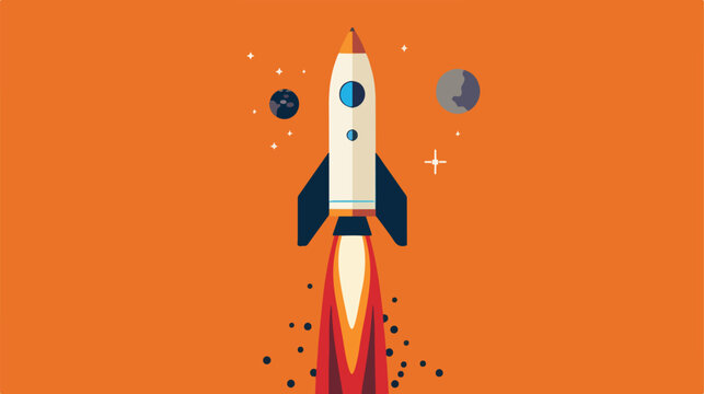 Flat style rocket rising on orange background flat vector