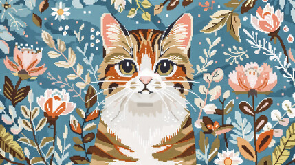 Cute Cat Cross Stitch Wallpaper - obrazy, fototapety, plakaty