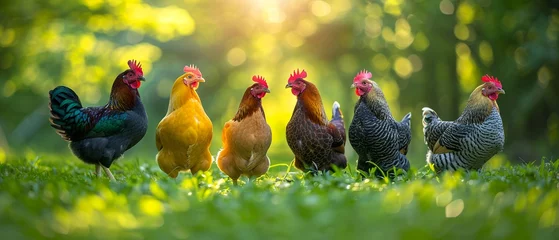 Fotobehang Stunning farm photo of hens on grass, vibrant colors, gentle illumination, close view, detailed , 8K , high-resolution, ultra HD,up32K HD © ธนากร บัวพรหม