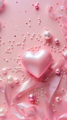 Elegant heart with pearls and ribbons on pink textured background
