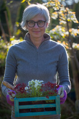 Attractive senior woman holding a box of flower seedlings