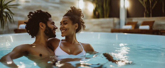 Lifestyle portrait of attractive black couple in love on honeymoon vacation relaxing in hot tub pool at luxury resort spa with dim romantic lighting