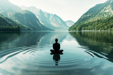 A serene lake view with a figure practicing visualization, imagining ripples spreading across the water as they release negative emotions and thoughts. - obrazy, fototapety, plakaty