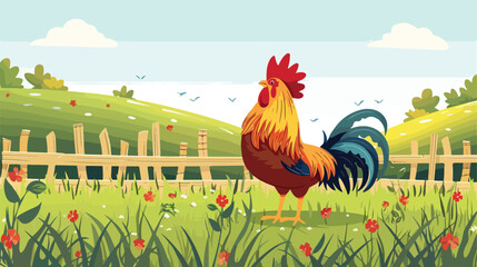 Cartoon chicken rooster in the farm flat vector isolated - obrazy, fototapety, plakaty