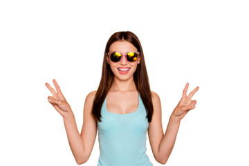 Closeup photo portrait of pretty trend careless carefree cool excited rejoicing with toothy beaming smile charming she her lady make give two fingers isolated bright background