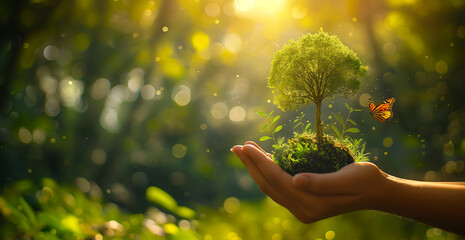 Hand holding green earth with tree and butterfly on blurred background for World environment day concept
