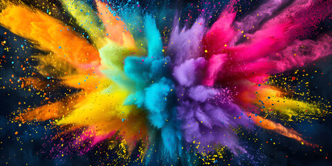 Multicolored powder explodes in the air. Abstract colored haze for Holi festival. - obrazy, fototapety, plakaty