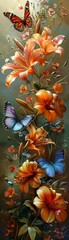 Tapestry of exotic flowers and butterflies, splendidly vibrant, rich texture, soft backlight, detailed view , 8K , high-resolution, ultra HD,up32K HD
