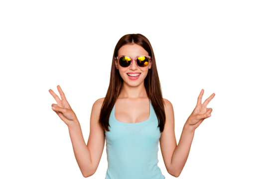 Closeup photo portrait of pretty trend careless carefree cool excited rejoicing with toothy beaming smile charming she her lady make give two fingers isolated bright background