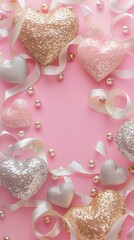 Glittery hearts, pearls, and ribbons on a pastel pink background