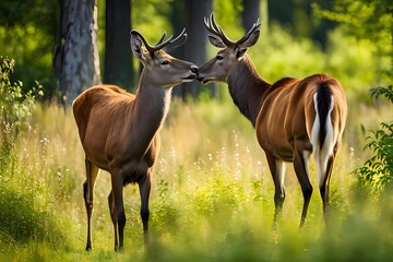 Two red deer, cervus elaphus, standing close together and touching with noses in woodland in summer...