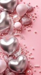 Elegant arrangement of shiny hearts with pearls and ribbon on pink