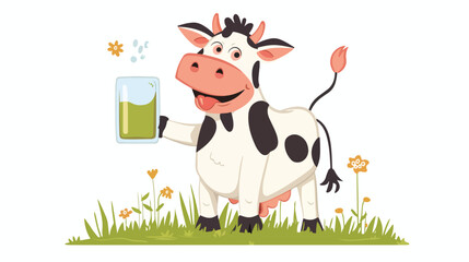 Cartoon cow holding glass in the farm flat vector isolated